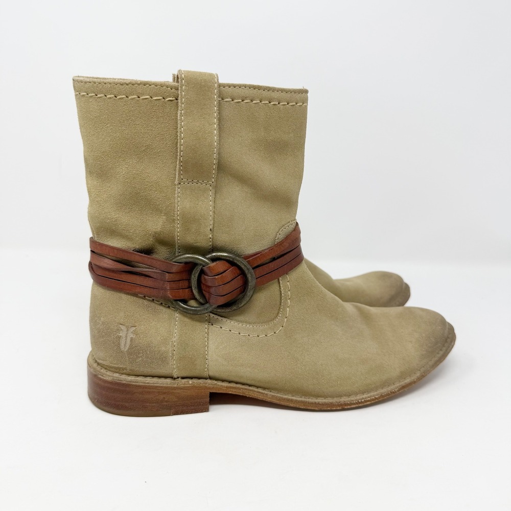 Frye Harness Suede Short Ankle Boots Beige‎ Tan Leather Straps 7.5 - Picture 3 of 14